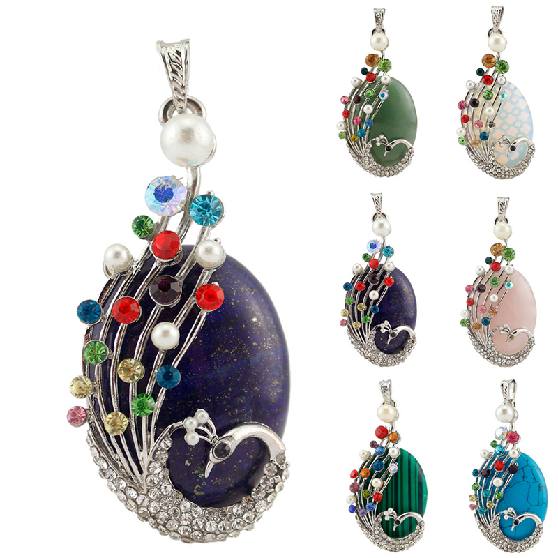 peacock birds gemstone crystal pendant necklace