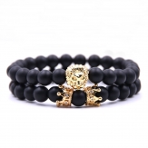 Dusty black stone  elastic  lion head  men's micro pave  gemstone barcelet